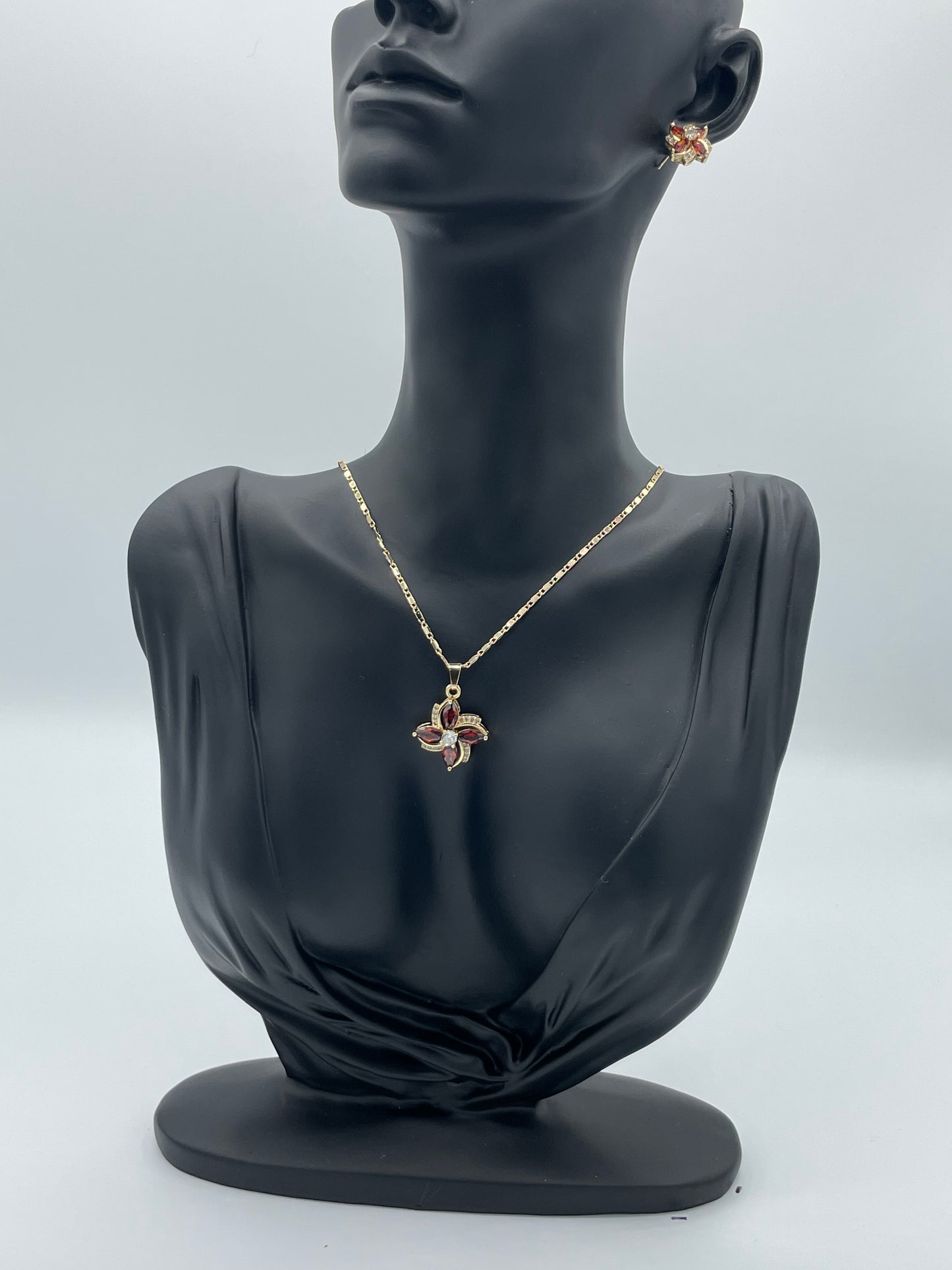Ruby & Diamond Flower 14k Gold Plated Earring and Necklace Set