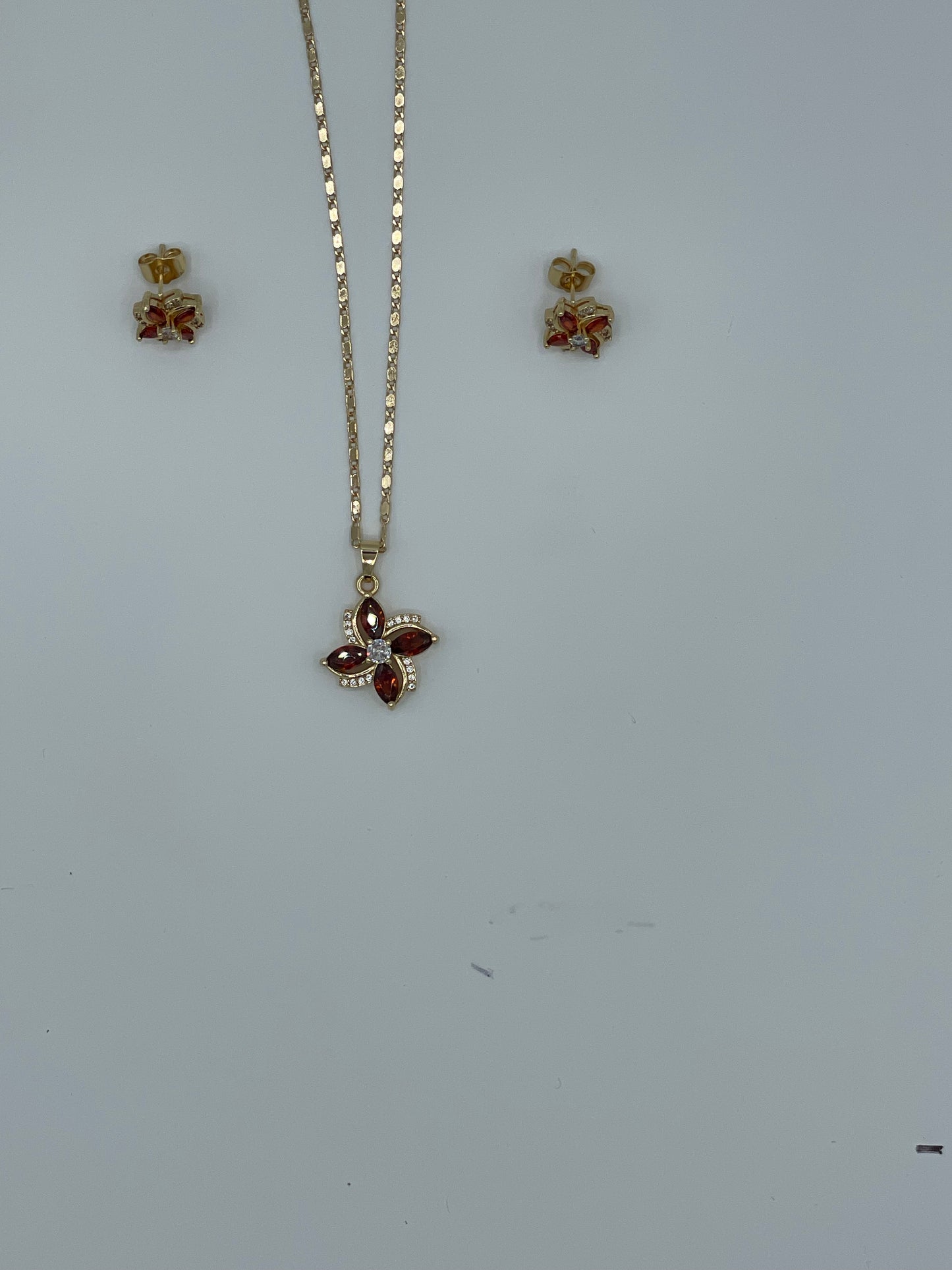 Ruby & Diamond Flower 14k Gold Plated Earring and Necklace Set