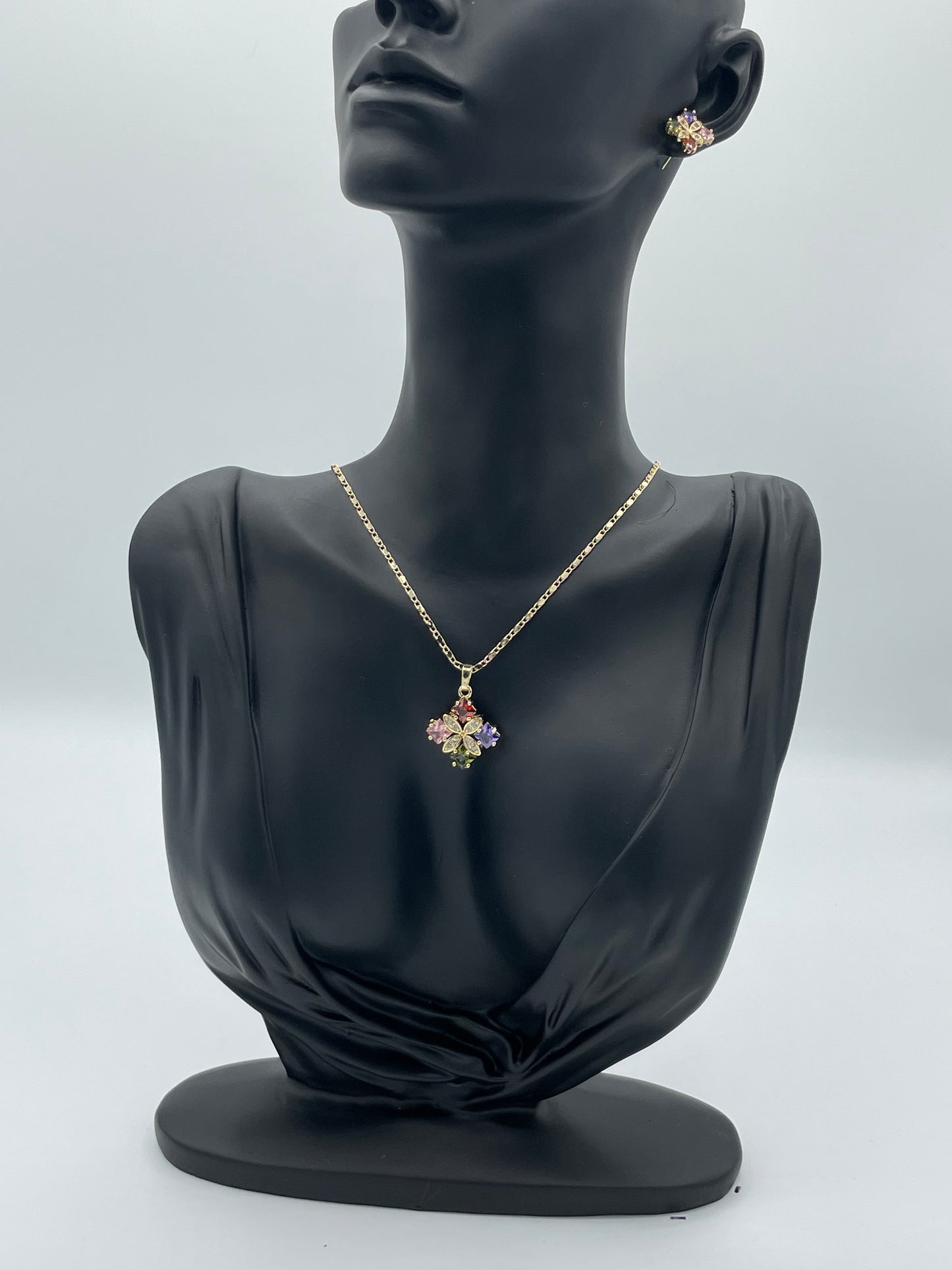 Jewel Four-Square 14k Gold Plated Earring and Necklace Set