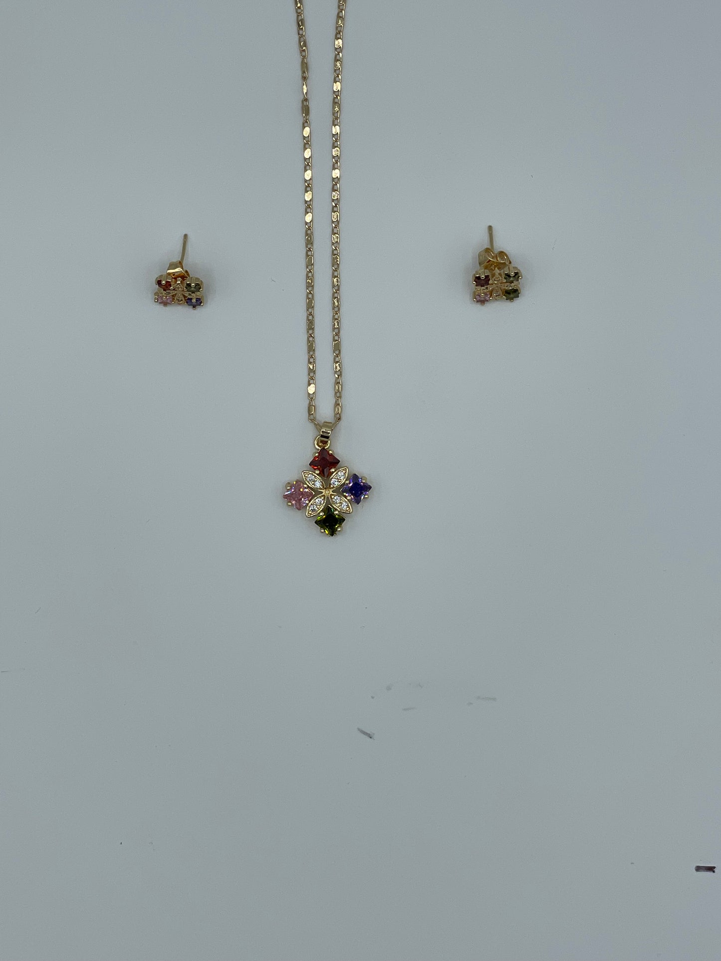 Jewel Four-Square 14k Gold Plated Earring and Necklace Set