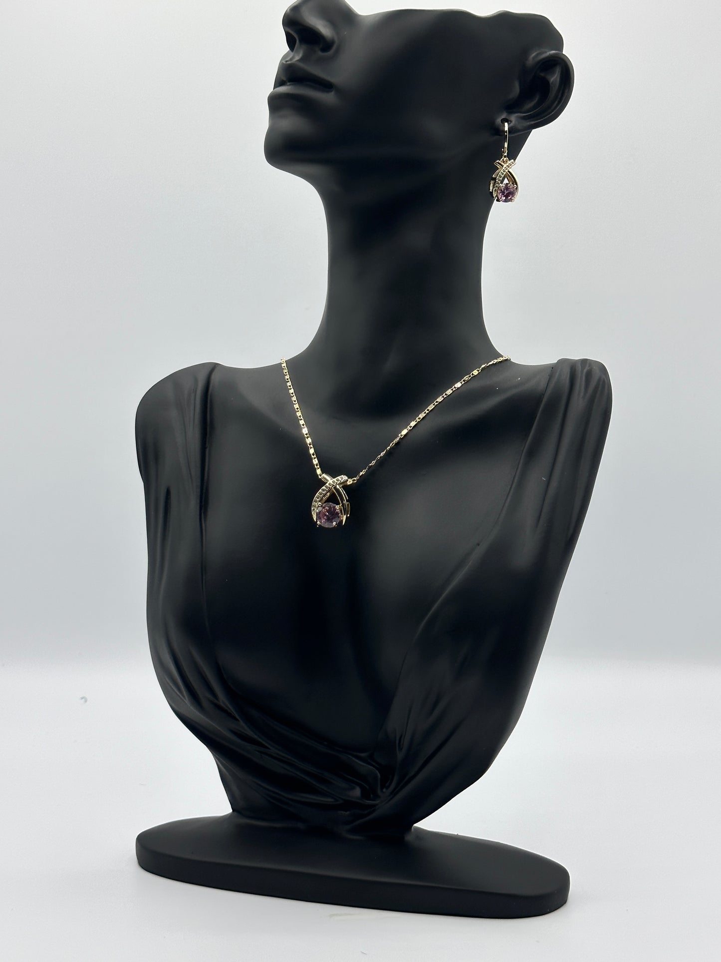 Pink Diamond Stud 18k Gold Plated Earring and Necklace Set