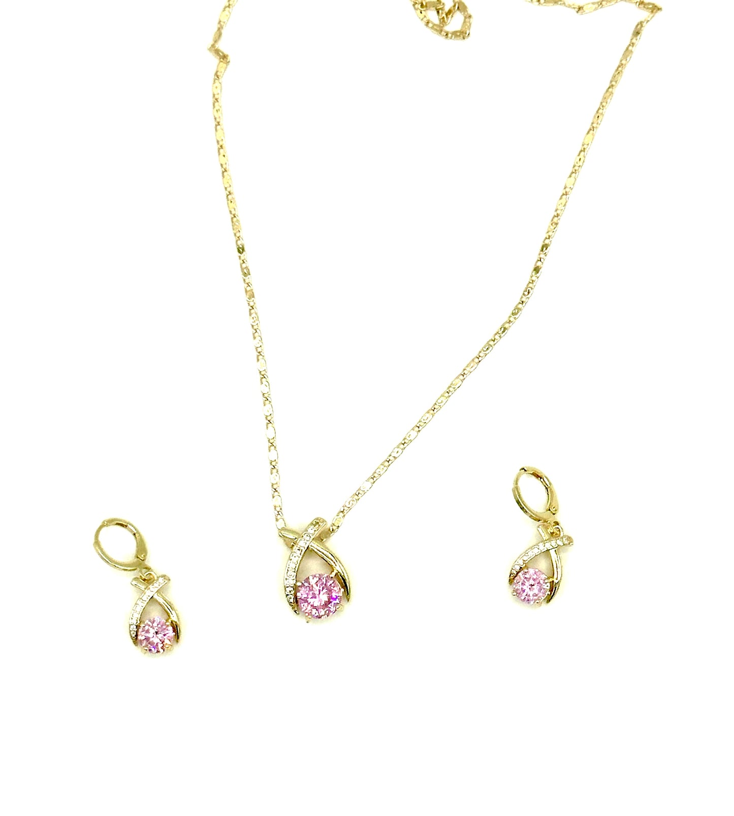 Pink Diamond Stud 18k Gold Plated Earring and Necklace Set