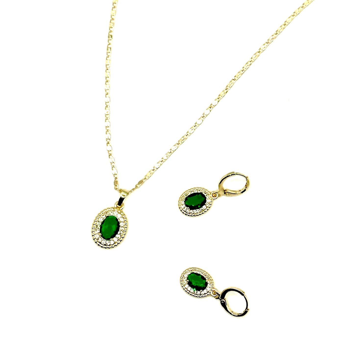 Emerald & Diamond 18k Gold Plated Earring and Necklace Set